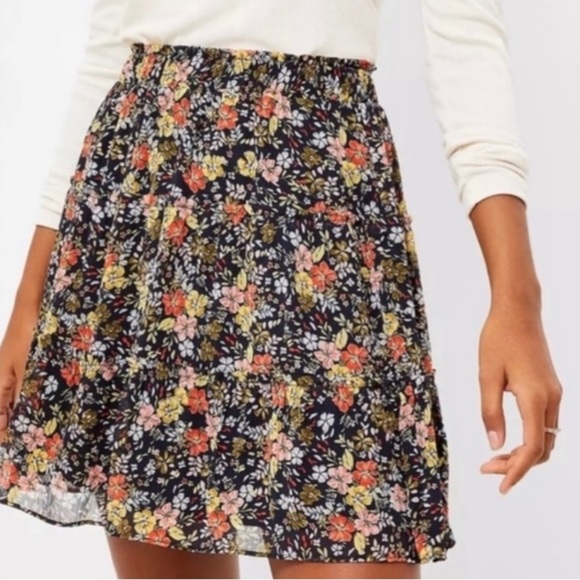LOFT Floral A-Line Tiered Mini Skirt - Navy, Pink, Yellow & Green - Picture 1 of 5